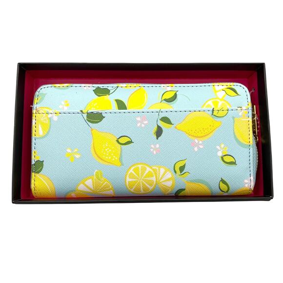 Trina Turk Lemon Zip Around Wallet Clutch Mint Yellow Novelty Fruit Print NIB - Picture 1 of 8